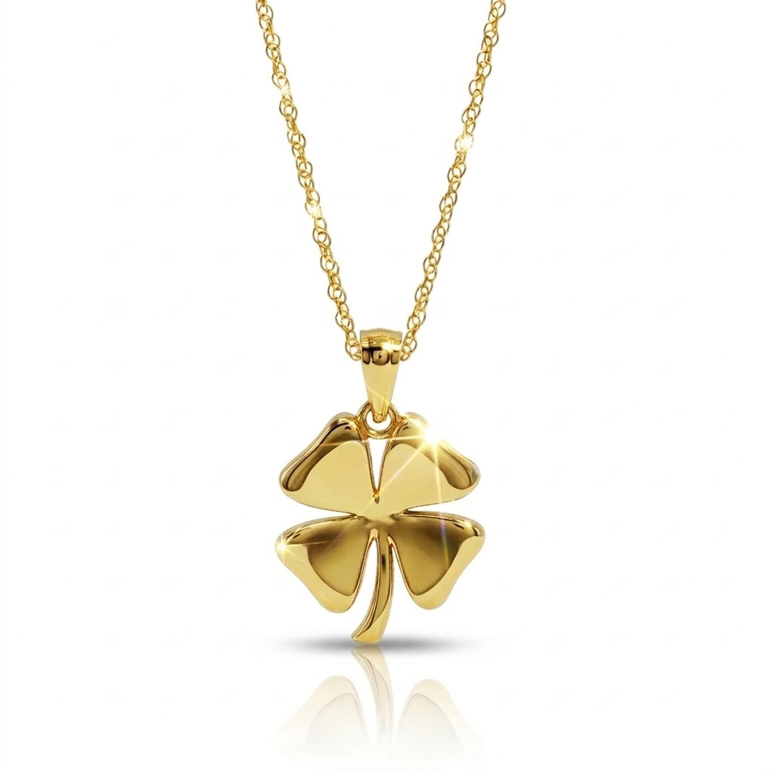 [group:10k-gold] Gold four-leaf clover pendant on a chain against a white background
