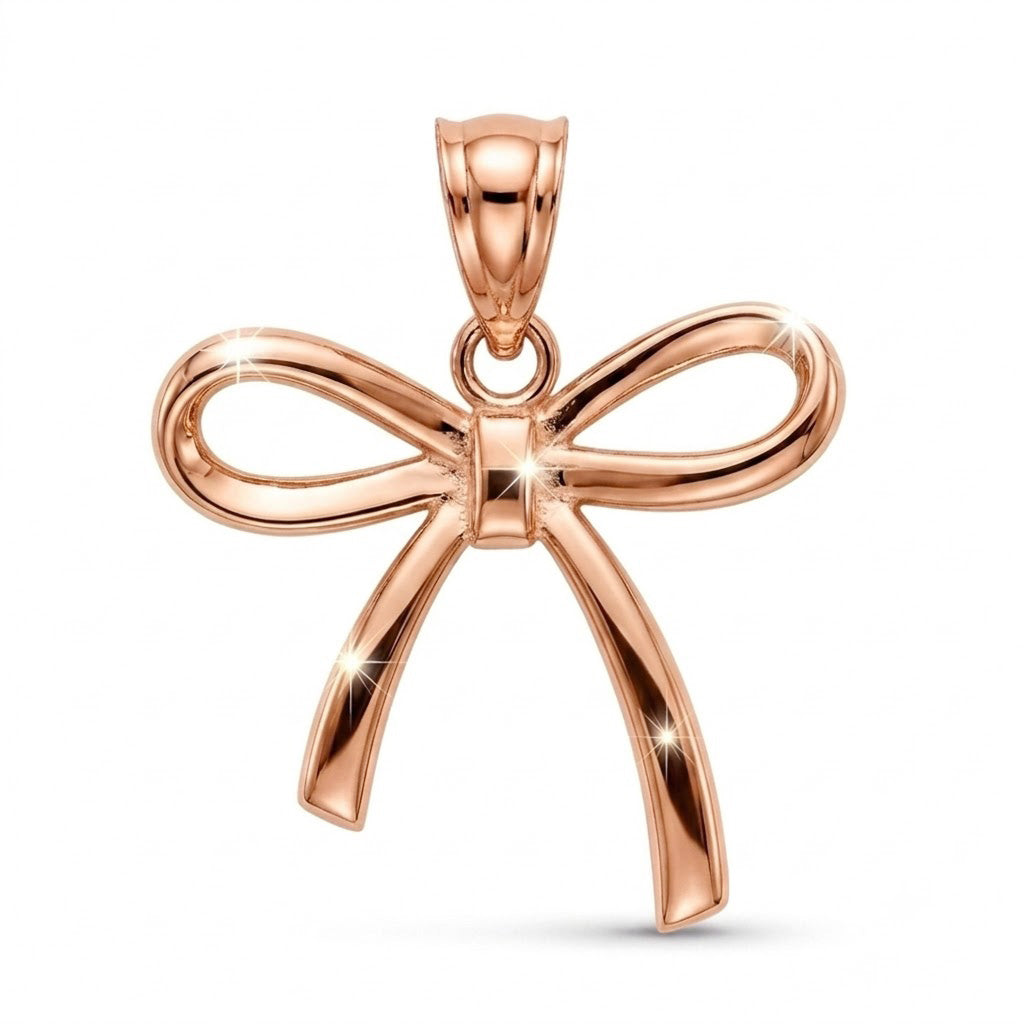 [group:rose-gold-small] Rose gold bow-shaped pendant on a white background
