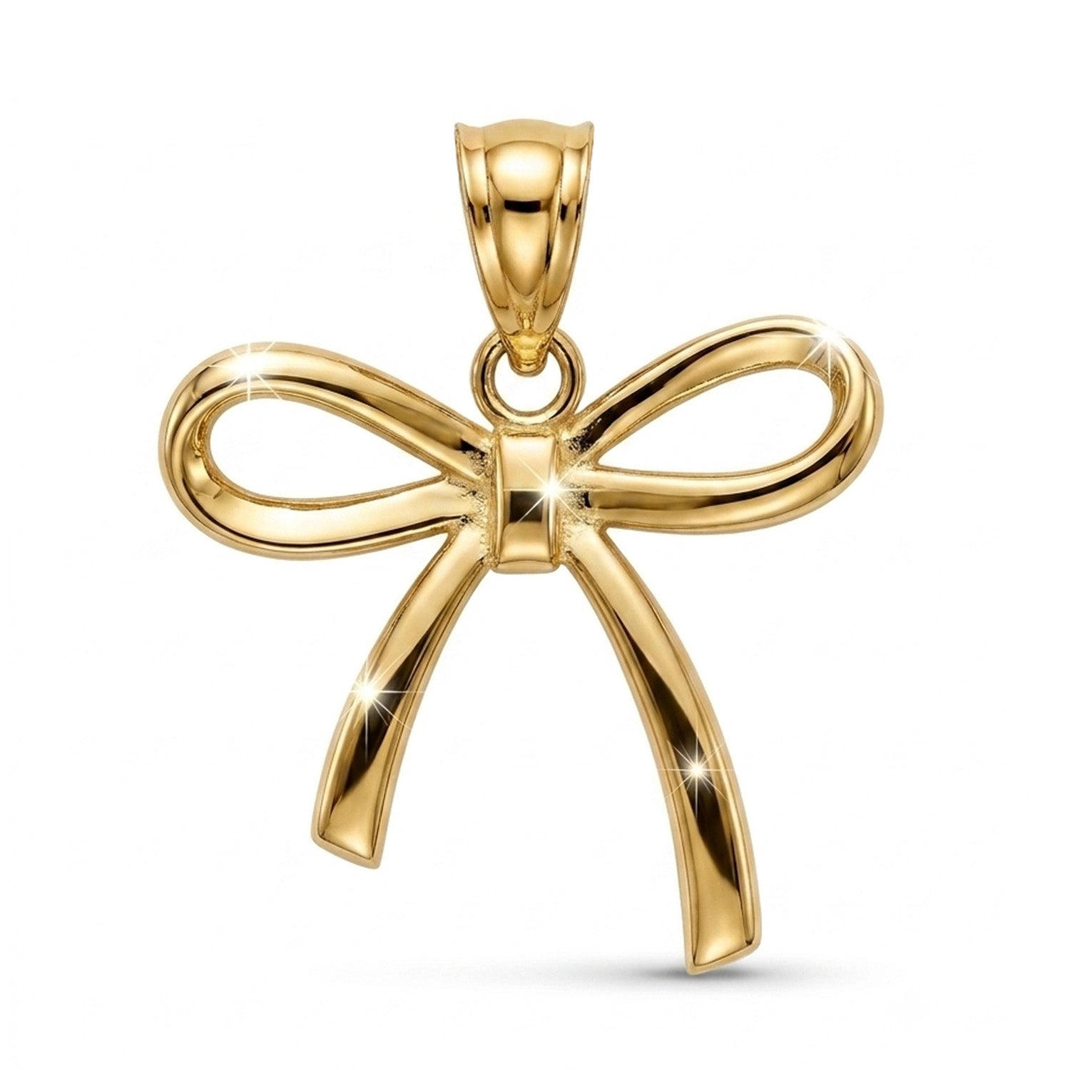 [group:10k-gold-small] Gold bow-shaped pendant on a white background