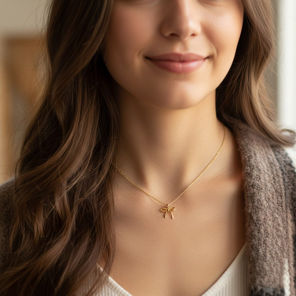 [group:10k-gold-small] Woman wearing a gold necklace with a bow pendant