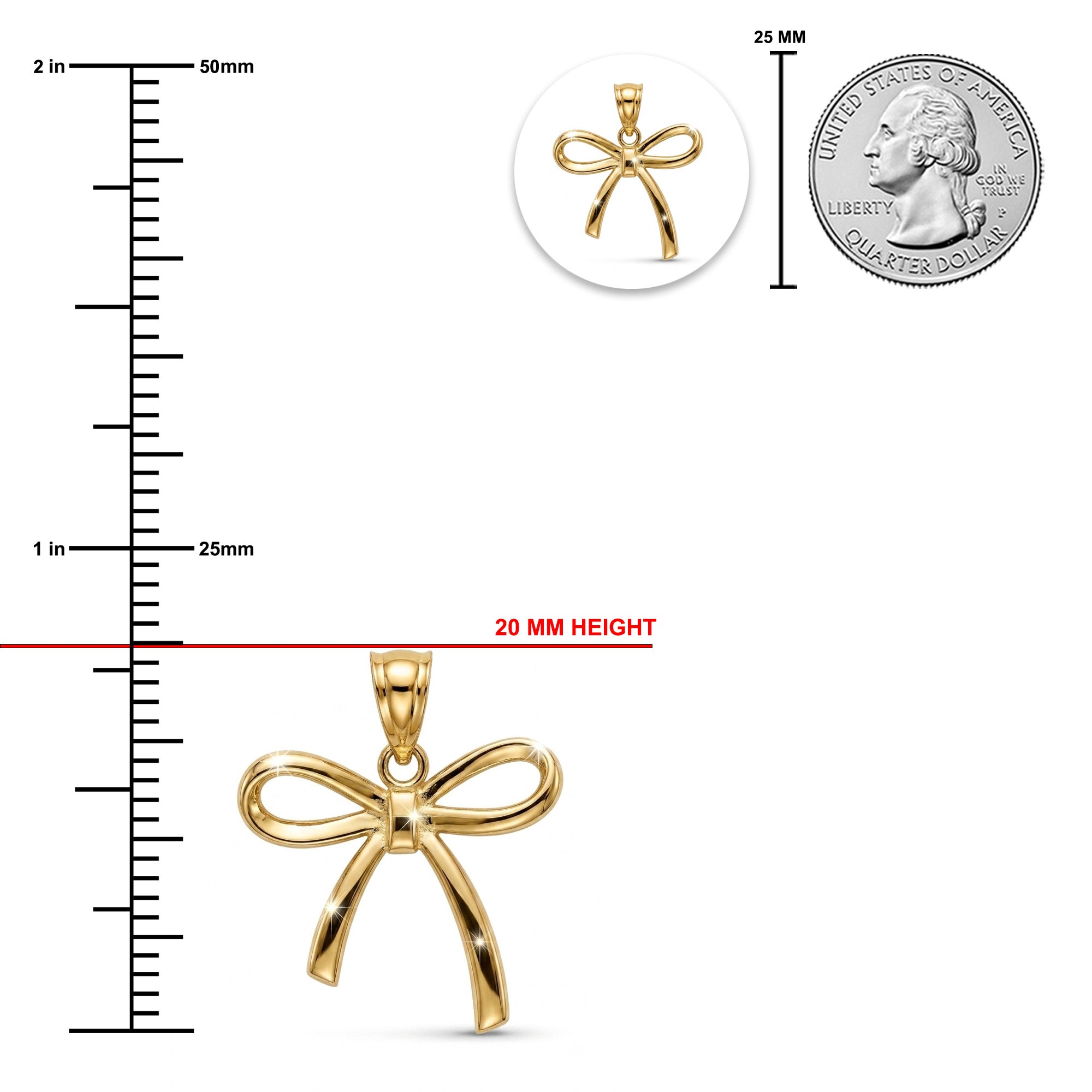 [group:10k-gold-small] Gold bow pendant with measurements against a white background