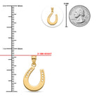 Gold horseshoe pendant shown with measurement markings, a 21 mm height label, a small inset of the pendant alone, and a quarter coin for scale on a white background.