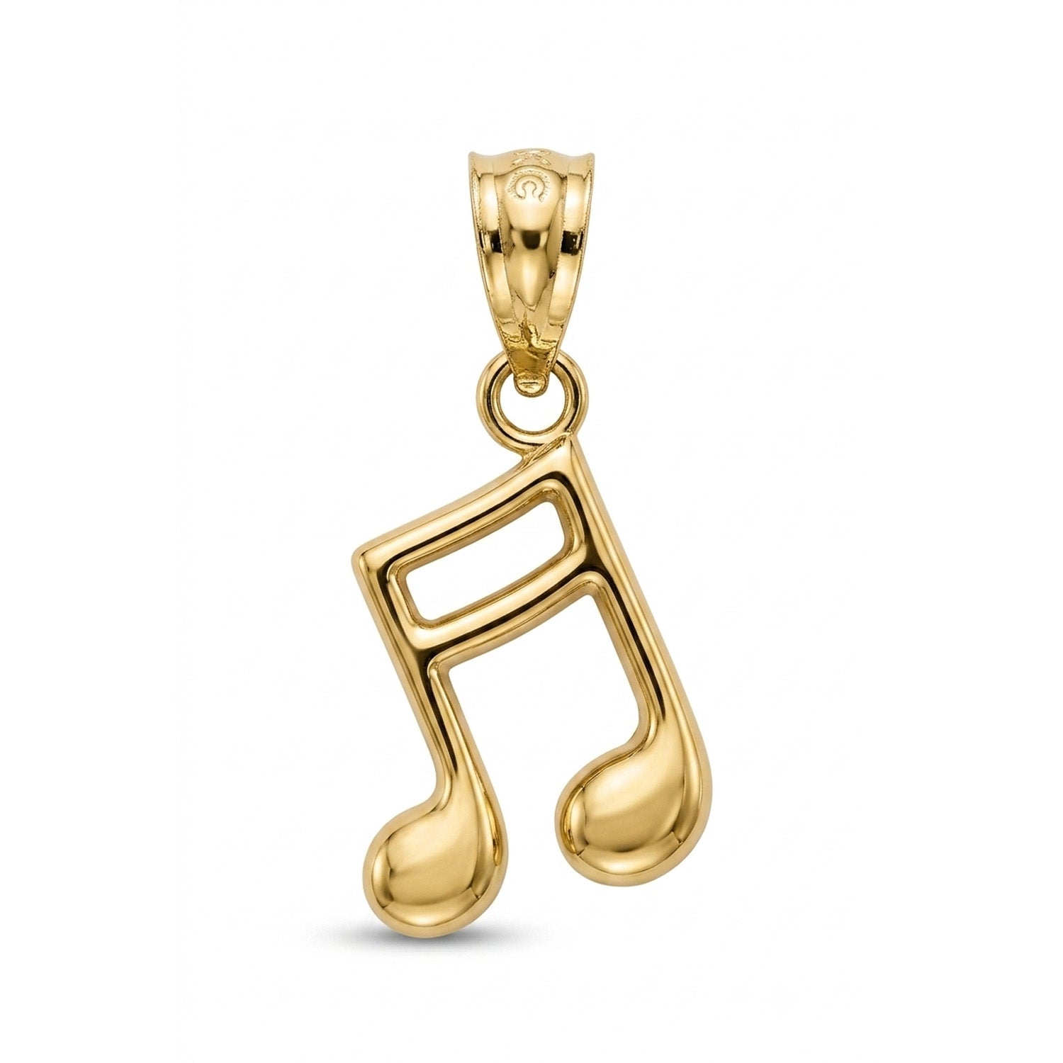 A polished yellow gold pendant shaped like a double musical eighth note, shown on a clean white background.