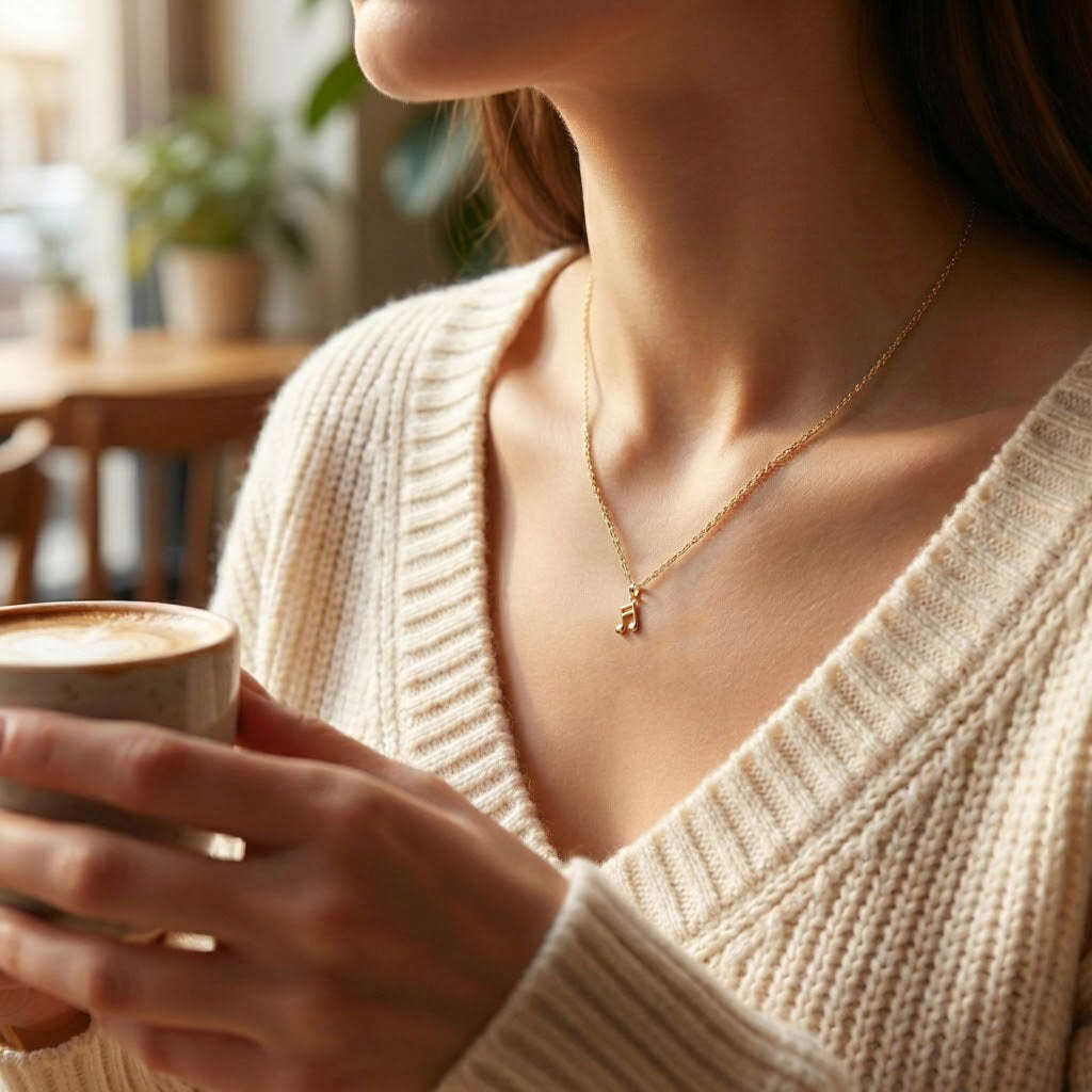 A close-up lifestyle shot of a woman wearing a delicate gold initial necklace with the letter 'A' pendant, holding a cup of coffee in a warm, softly blurred cafe setting.