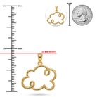 Gold cloud-shaped pendant with measurements against a white background