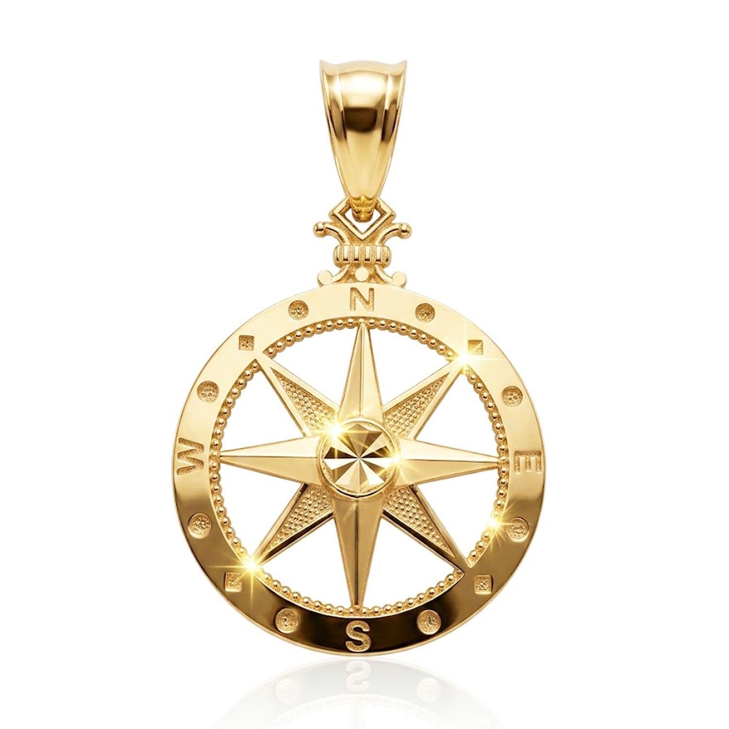 [group: large] Gold compass pendant on a white background