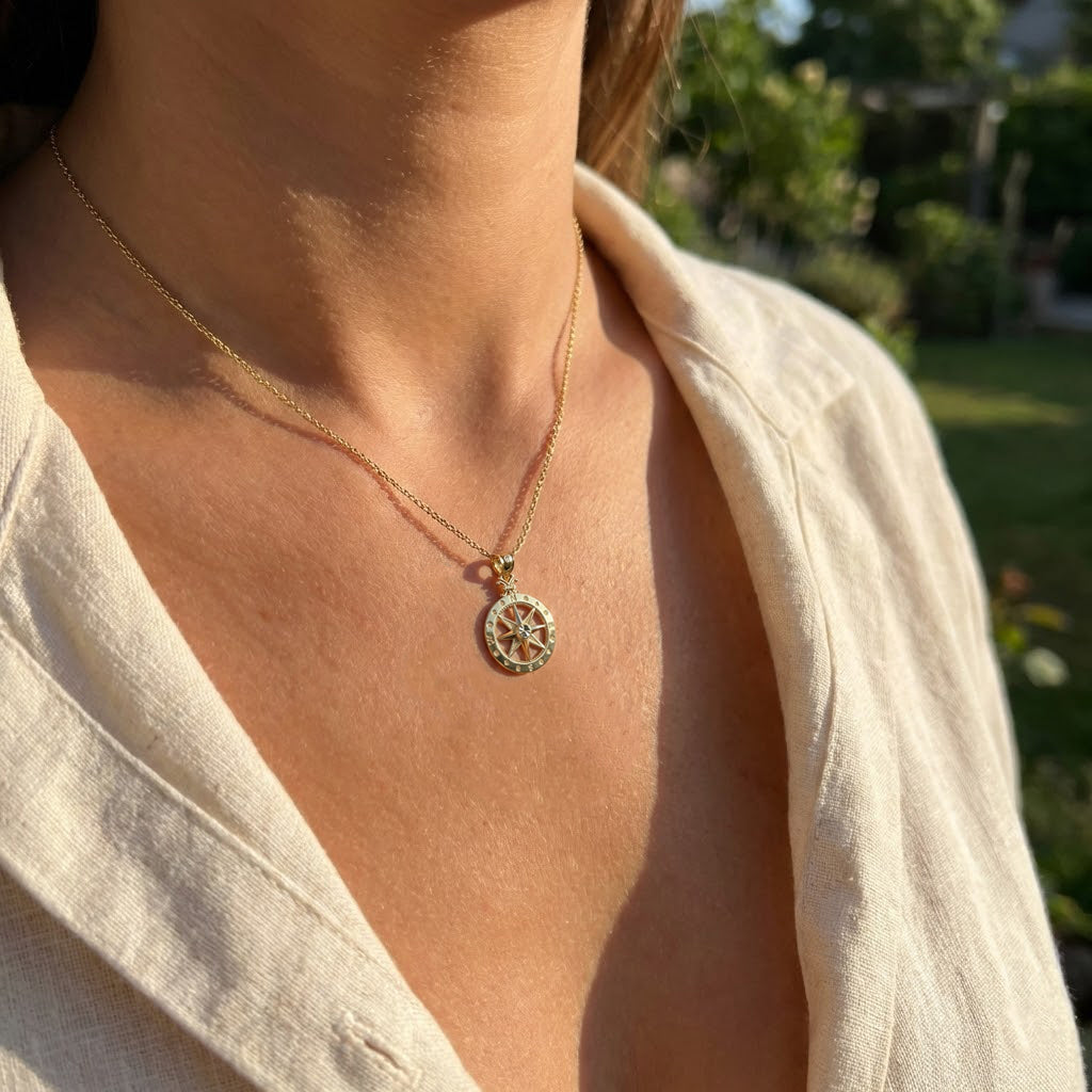 [group: large] Gold compass pendant on a white background