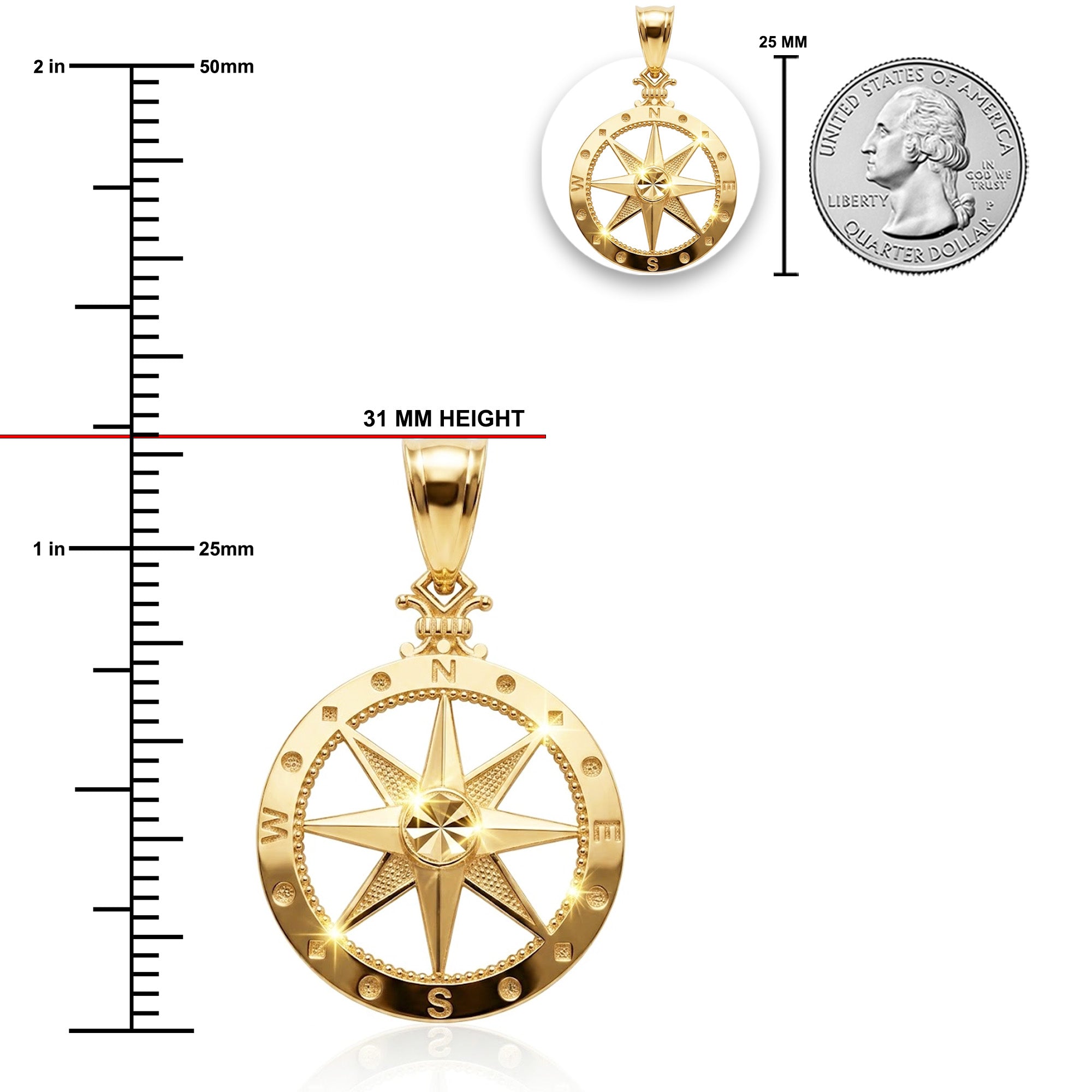 [group: large] Gold compass pendant on a white background