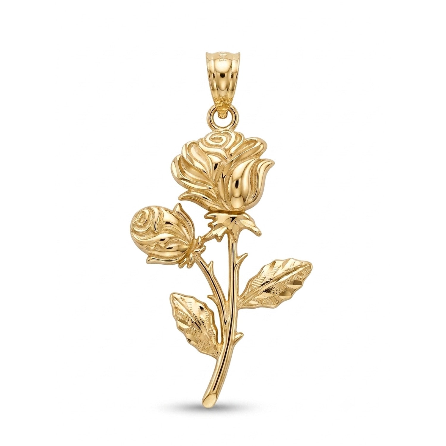 A yellow gold pendant shaped like a rose stem with a blooming rose, bud, leaves, and a bail at the top, shown on a plain white background.