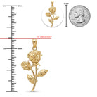 Gold rose pendant shown on a white background with measurement markings, a red height indicator reading 31 mm, a small inset of the pendant, and a quarter coin for scale.