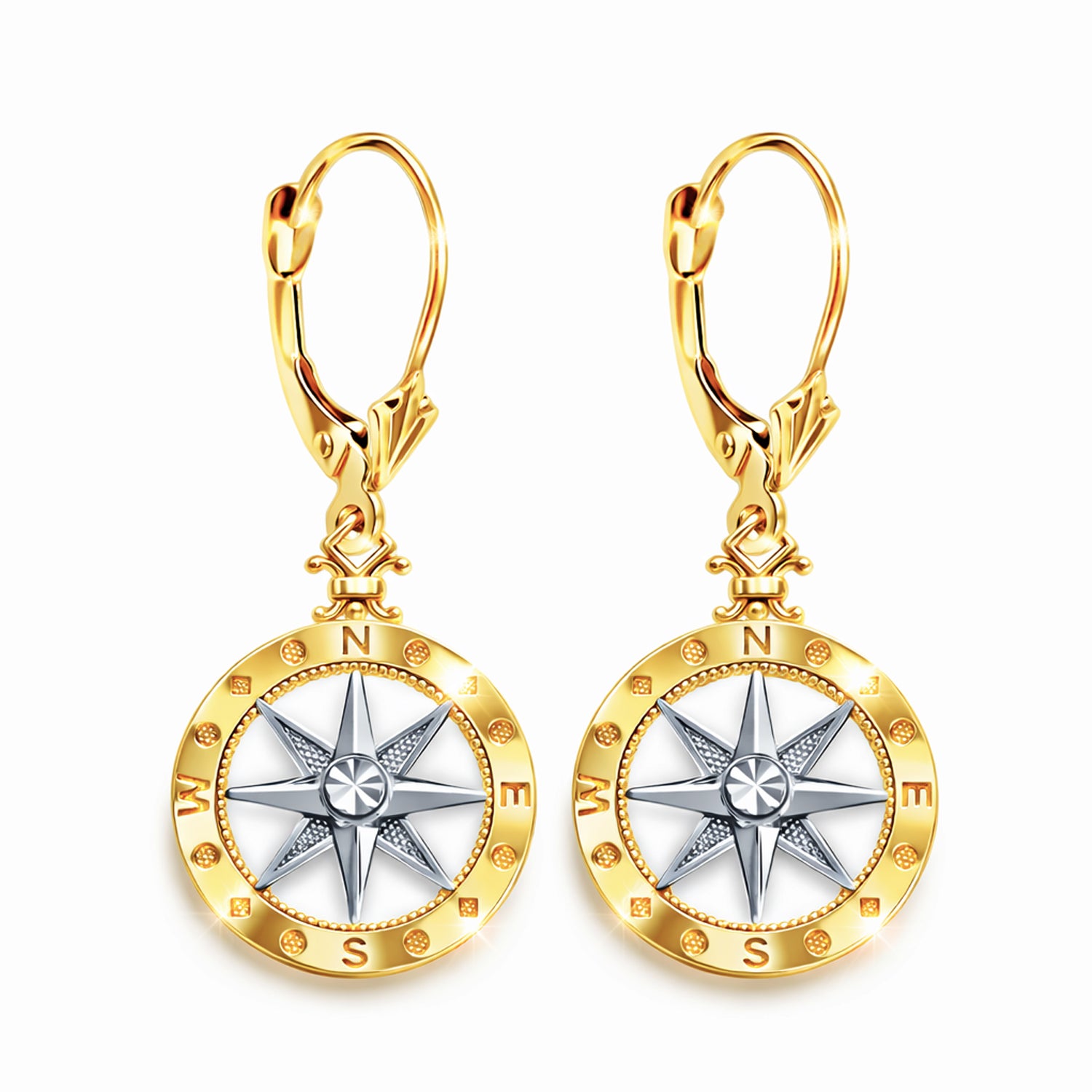 Gold and silver compass-shaped earrings on a white background