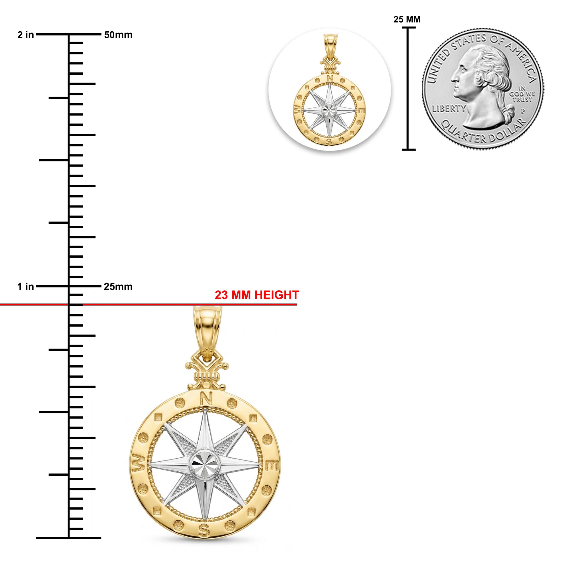 [group: small] Gold Compass Pendant sizing chart