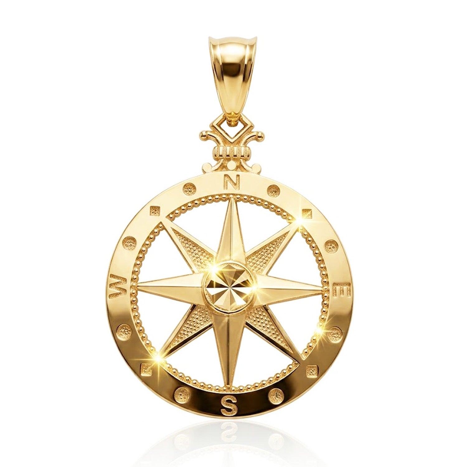 Gold compass pendant on a white background