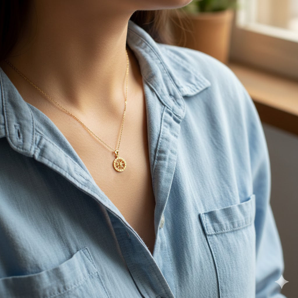 Person wearing a gold necklace with a small pendant, wearing a light blue shirt.