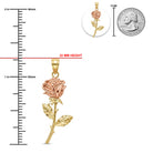 A rose-shaped pendant shown on a white background with measurement markings, a red height callout reading 32 mm, a small inset of the pendant on a white circle, and a U.S.