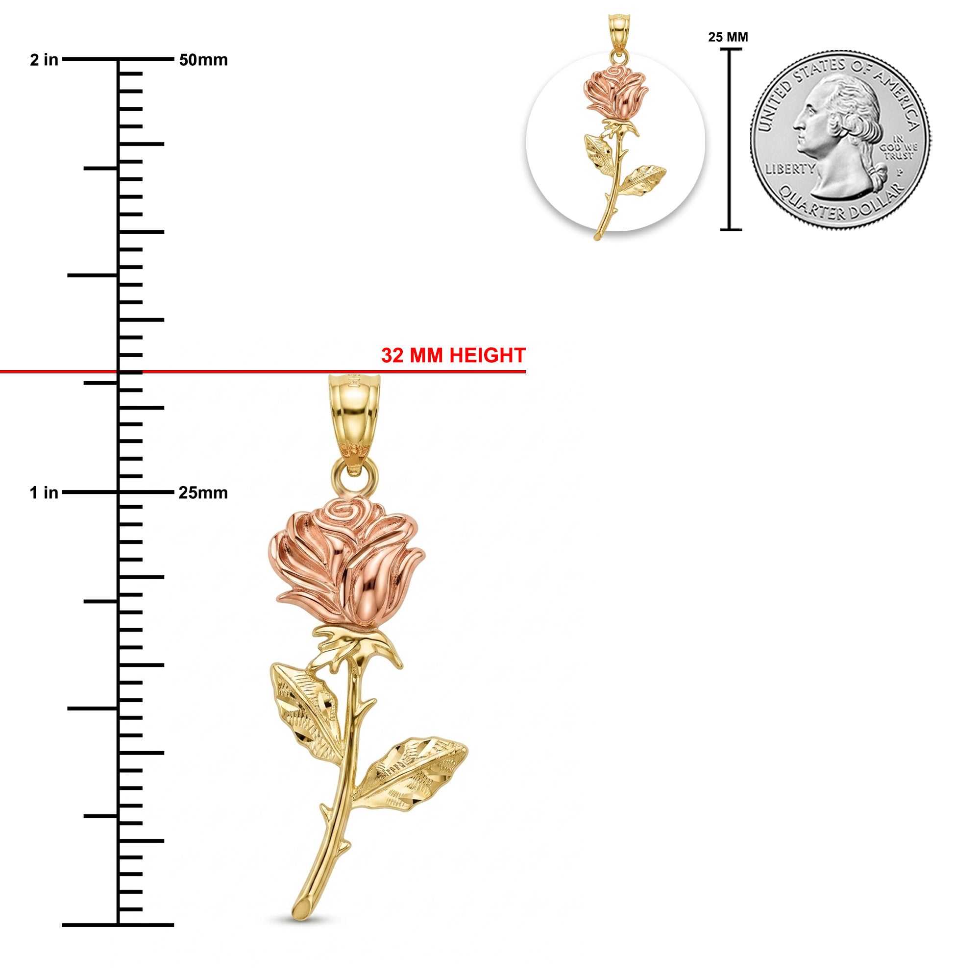 A rose-shaped pendant shown on a white background with measurement markings, a red height callout reading 32 mm, a small inset of the pendant on a white circle, and a U.S.