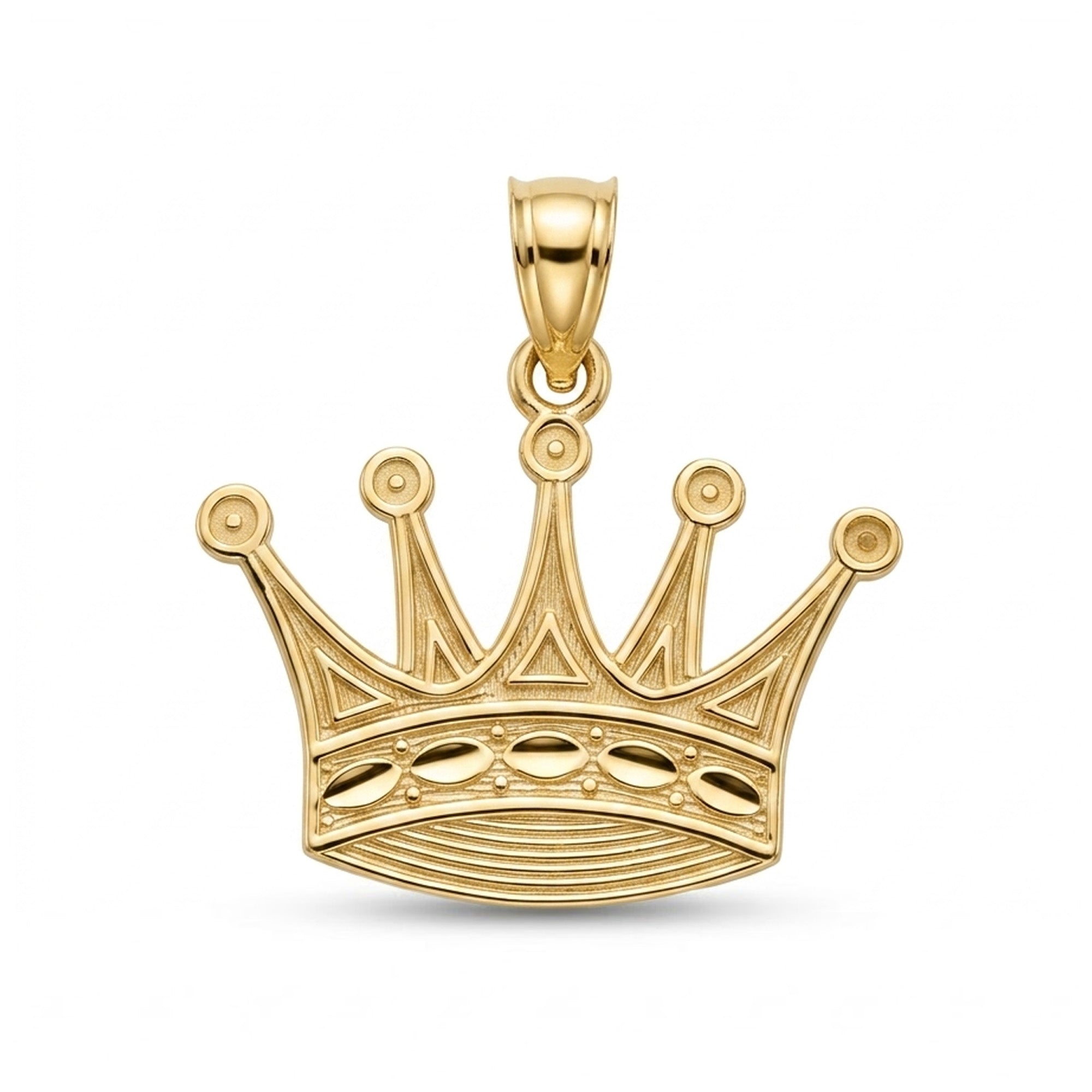 [group: large]A gold crown pendant with five points and a polished bail at the top, shown on a clean white background.