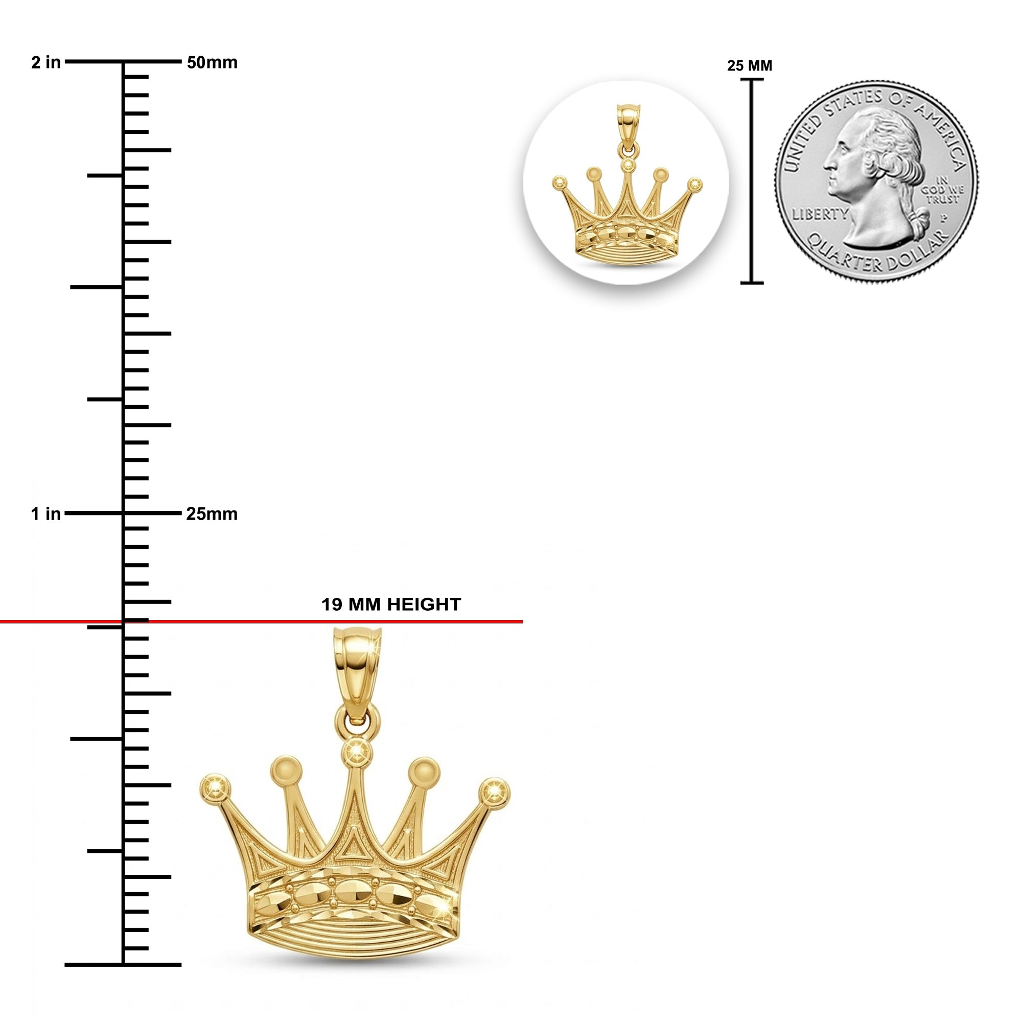 [group: large]Gold crown pendant shown with a vertical measurement ruler in millimeters and inches, a 25 mm coin comparison, and a red line marking the 19 mm height of the pendant.