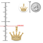 [group: large]Gold crown pendant shown with a vertical ruler in millimeters, a 25 mm US quarter coin for scale, and a red line labeled 19 MM HEIGHT on a white background.