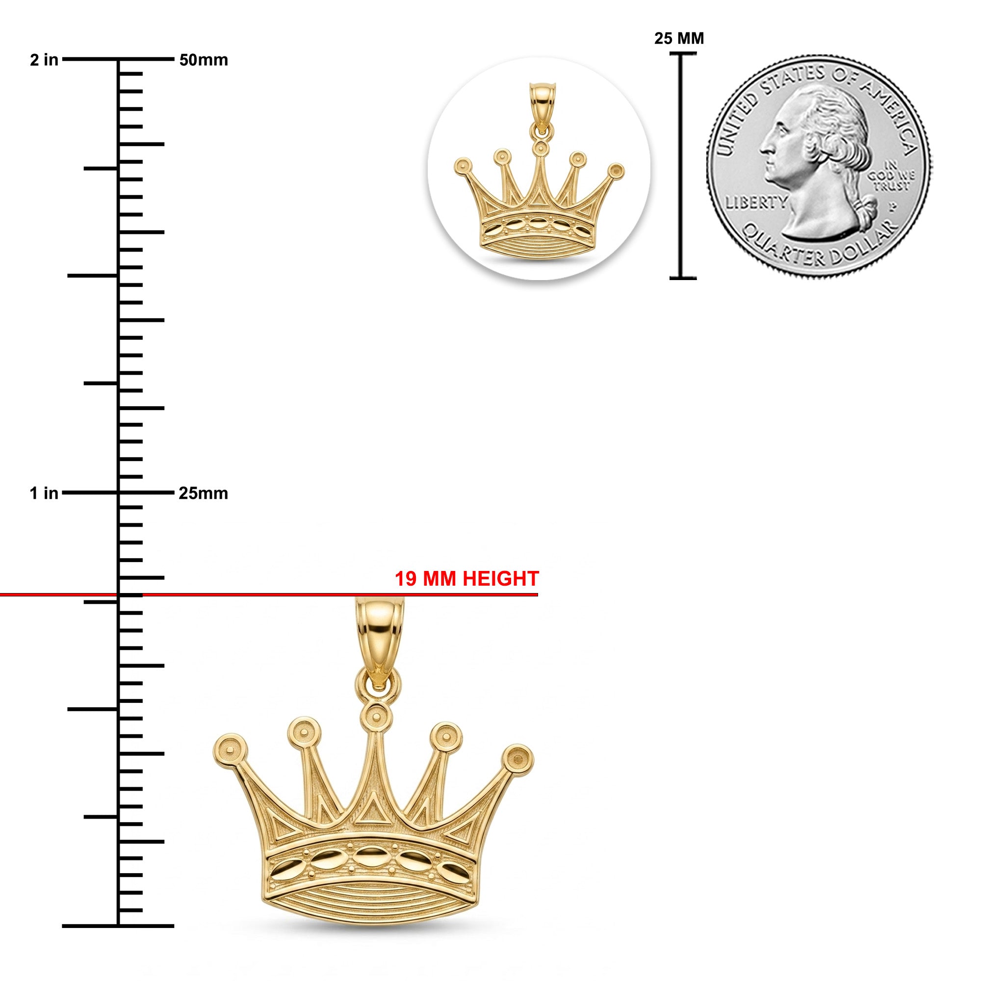 [group: large]Gold crown pendant shown with a vertical ruler in millimeters, a 25 mm US quarter coin for scale, and a red line labeled 19 MM HEIGHT on a white background.