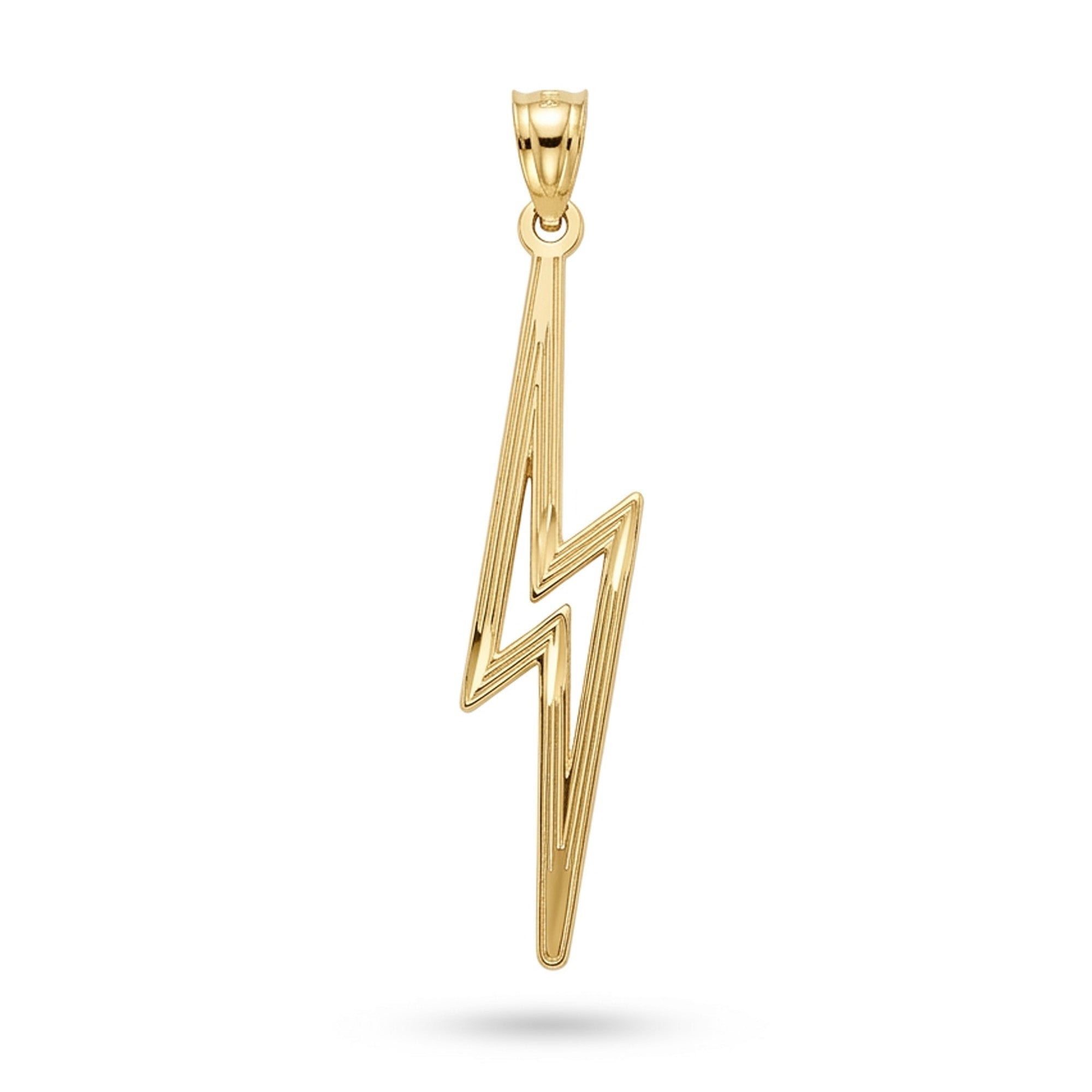A gold lightning bolt pendant with a polished finish and a bail at the top, shown against a plain white background with a soft drop shadow.