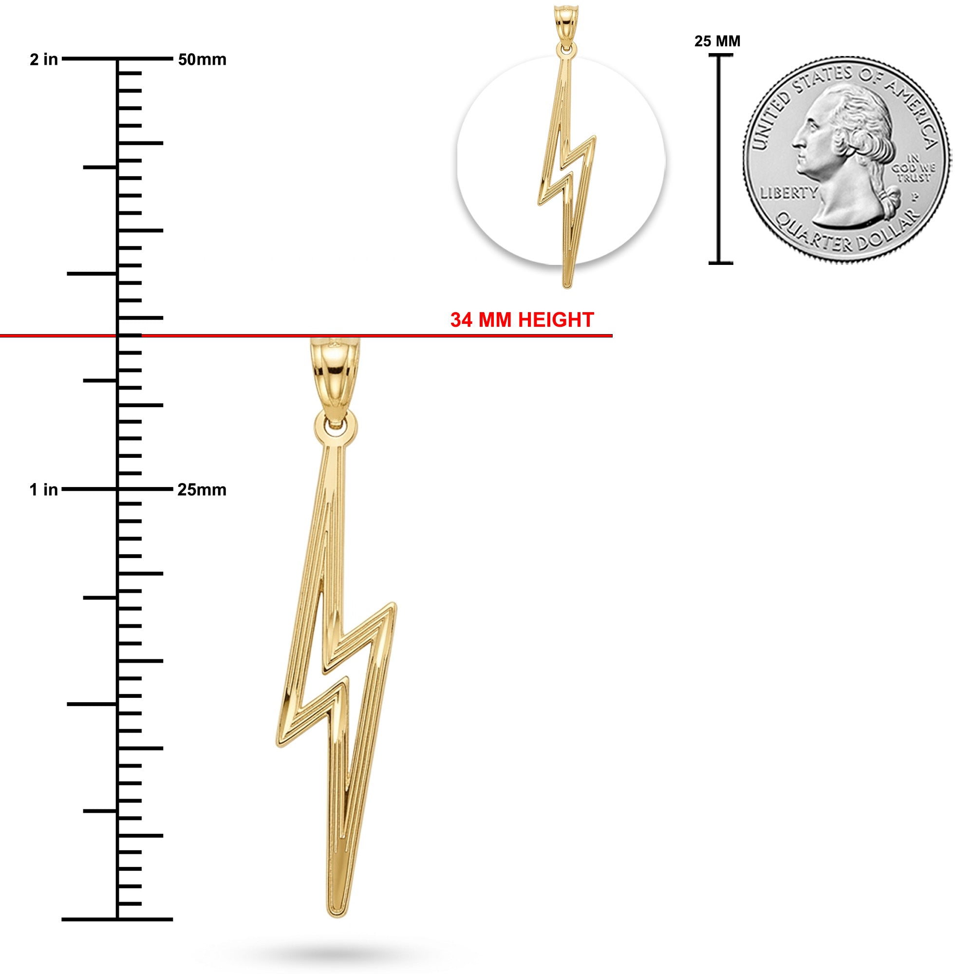Gold lightning bolt pendant shown on a white background with measurement guides: a vertical ruler in millimeters and inches, a red 34 mm height marker, a 25 mm coin for scale, and a circular inset showing the pendant hanging on a white disc.