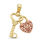 A gold and rose gold key-shaped pendant with a heart-shaped key bit and a dangling filigree heart padlock, shown on a plain white background.