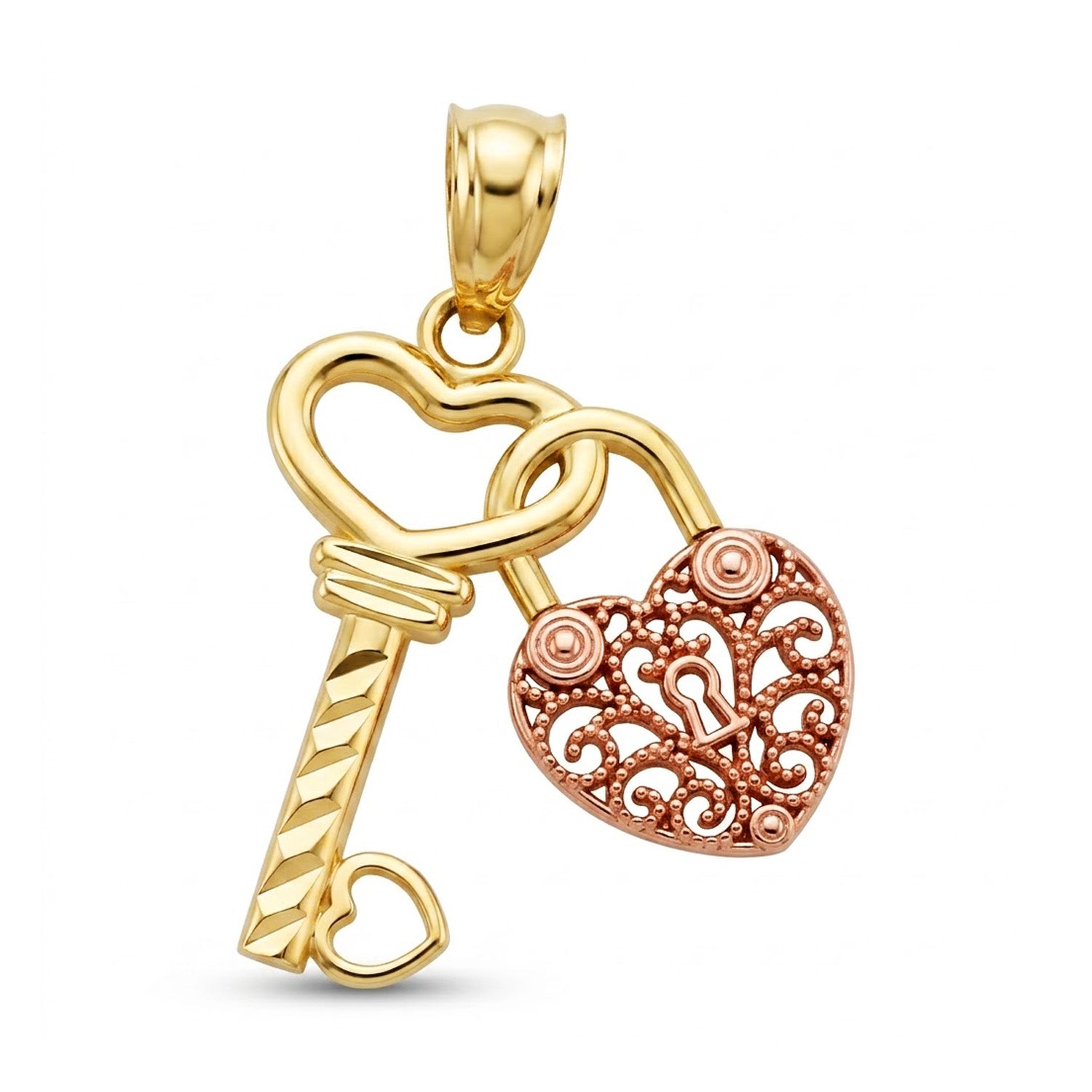 A gold and rose gold key-shaped pendant with a heart-shaped key bit and a dangling filigree heart padlock, shown on a plain white background.