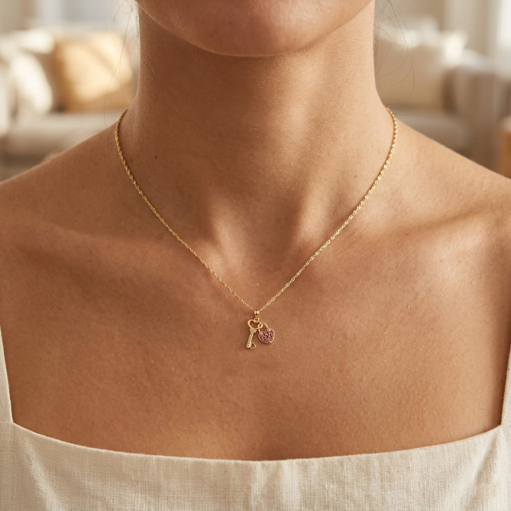 A close-up of a person's neck and upper chest wearing a delicate gold chain necklace with a small pendant featuring a key and a pink heart-shaped stone.