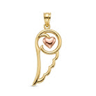 A gold angel wing pendant featuring a polished rose gold heart at the center, shown on a clean white background.
