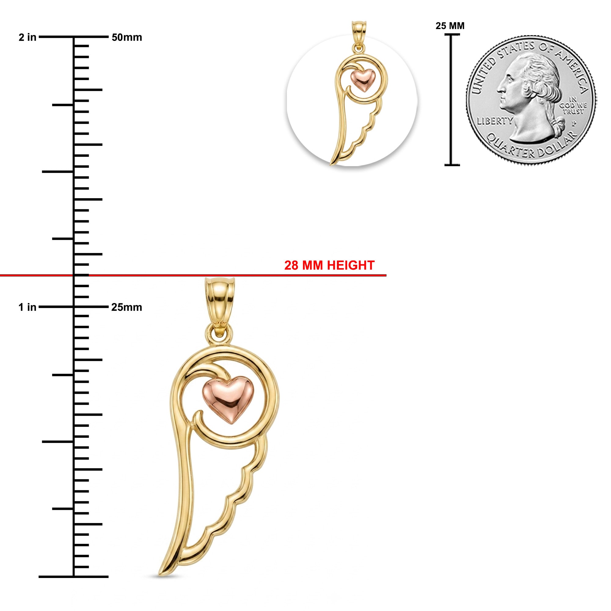 Gold angel wing pendant with a rose gold heart, shown with measurement rulers, a 28 mm height indicator, a 25 mm coin scale, and a circular inset showing the pendant from the back.
