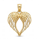[group: large] A polished yellow gold pendant shaped like a heart formed by two interlocking angel wings, featuring a textured bevelled bail at the top, shown on a clean white background.