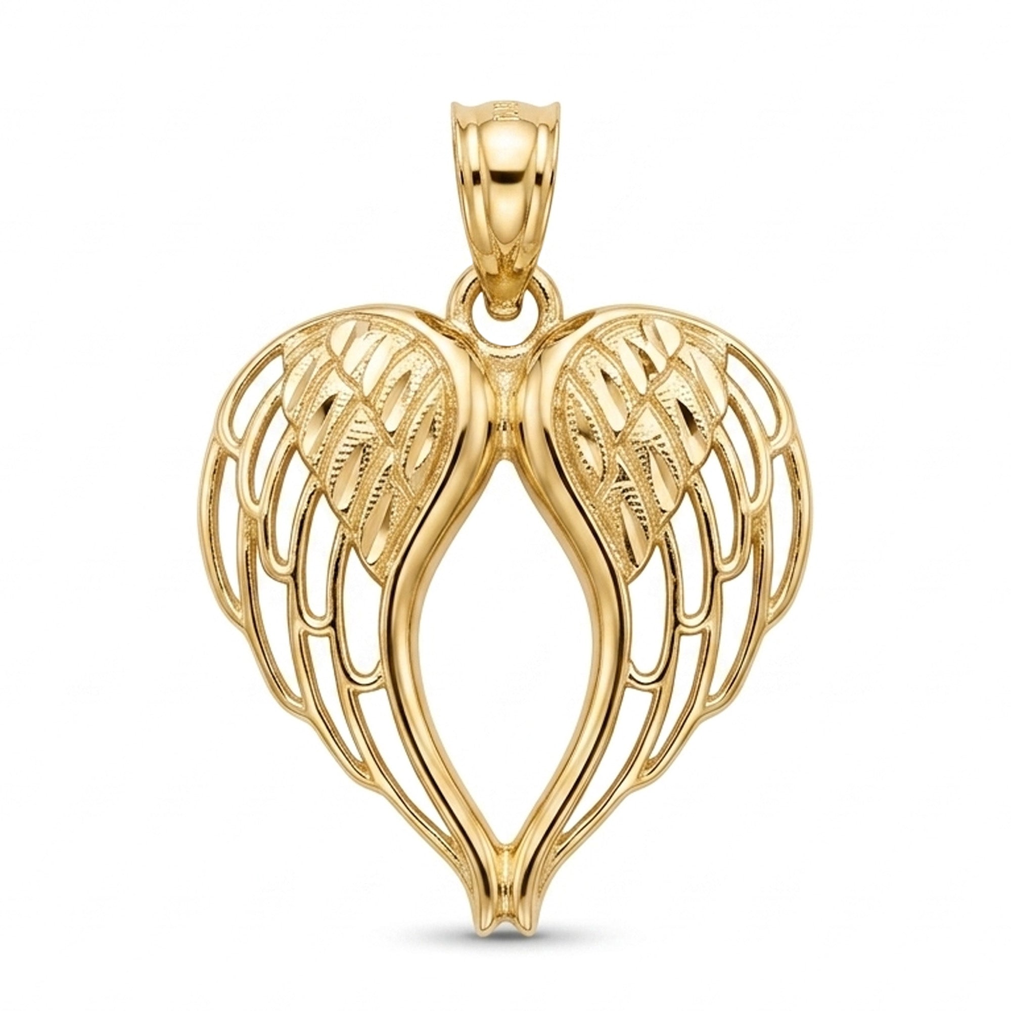 [group: large] A polished yellow gold pendant shaped like a heart formed by two interlocking angel wings, featuring a textured bevelled bail at the top, shown on a clean white background.