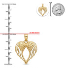 [group: large]Gold heart-shaped angel wings pendant with measurement markings showing 25 mm height, a small inset of the pendant in a circular frame, and a US quarter coin for scale on a white background.