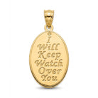 A gold oval pendant with the engraved text 'I Will Keep Watch Over You' and a small crown symbol at the top, shown on a clean white background.