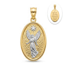 Gold oval pendant featuring a silver angel and star design, with a small inset showing the back of the pendant inscribed with 'I Will Keep Watch Over You'.