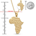 [group:gold-plated] Gold Africa map pendant with measurements and a quarter for scale on a white background