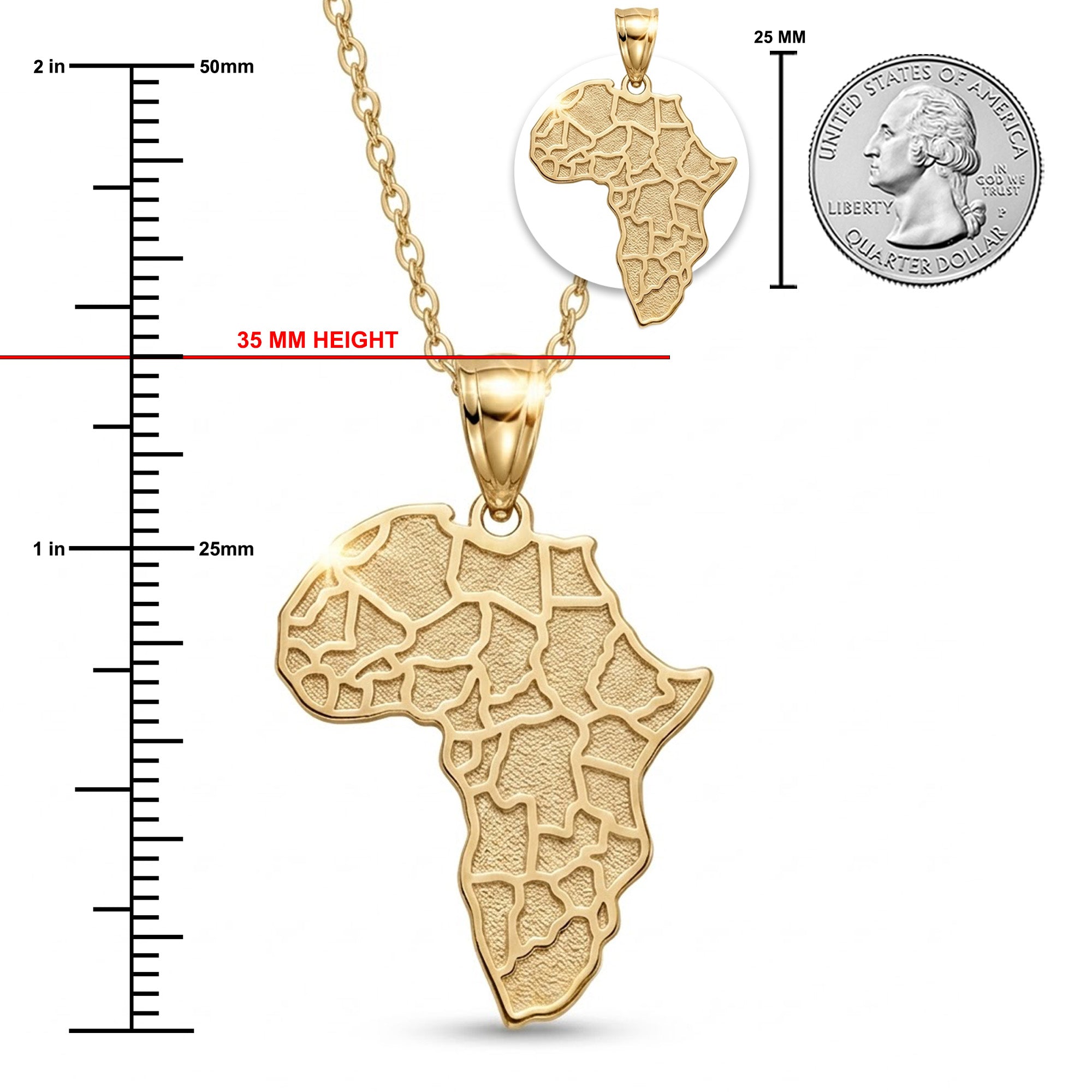 [group:gold-plated] Gold Africa map pendant with measurements and a quarter for scale on a white background