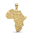 [group:10k-gold] Gold pendant in the shape of Africa on a white background