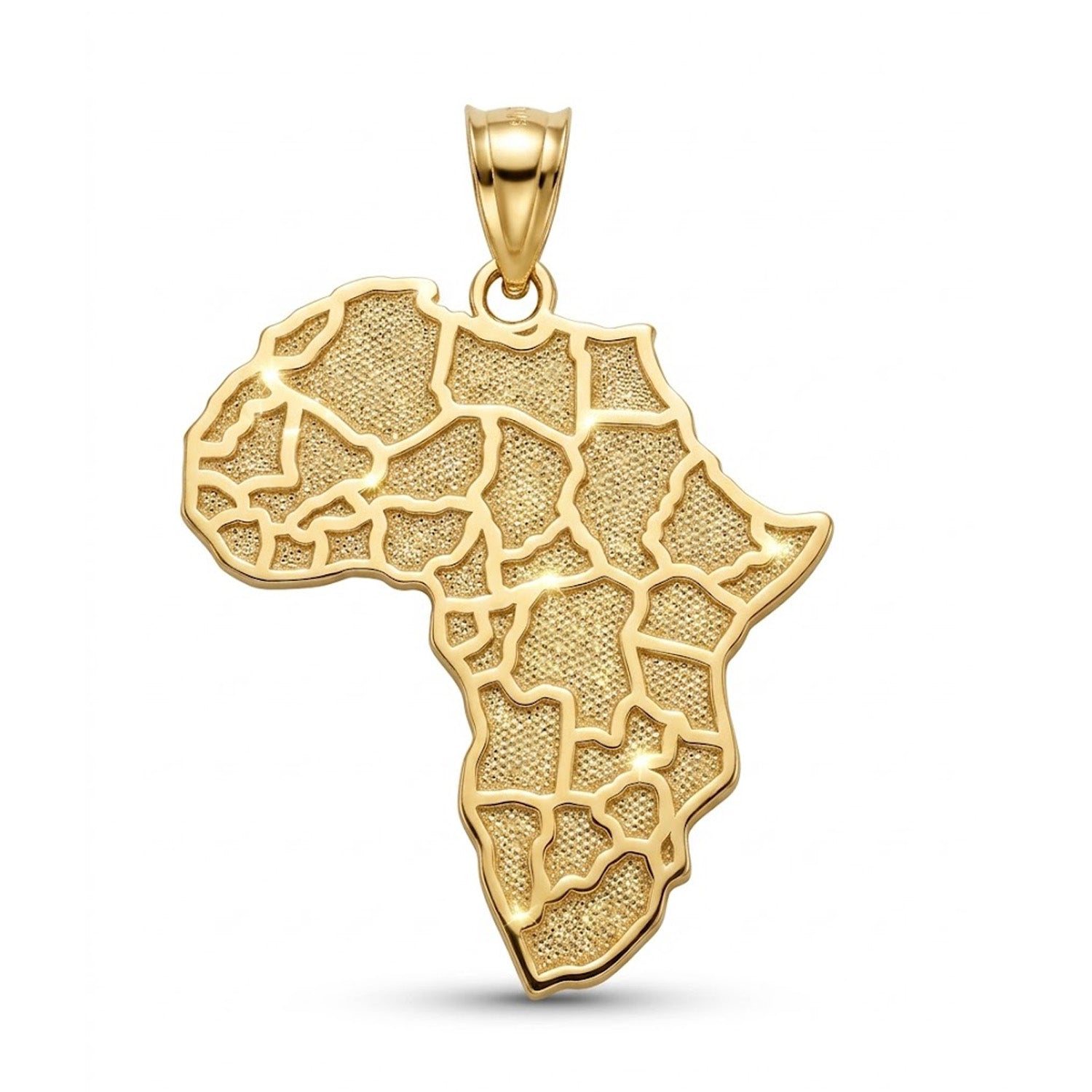 [group:10k-gold] Gold pendant in the shape of Africa on a white background