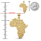 [group:10k-gold]Gold Africa map pendant with measurements against a white background