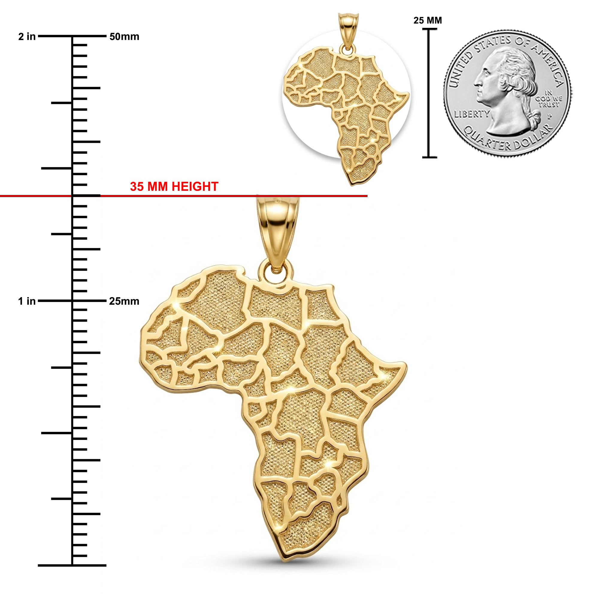 [group:10k-gold]Gold Africa map pendant with measurements against a white background