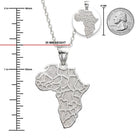 [group:silver] Silver Africa map pendant with chain, shown with measurements and a quarter for scale.