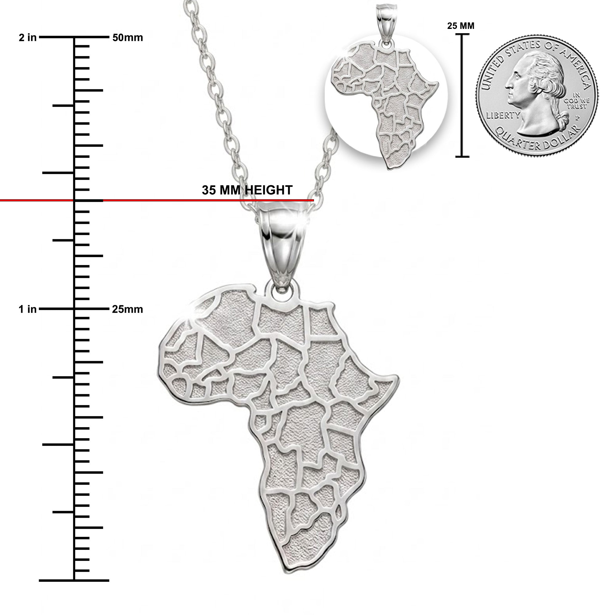 [group:silver] Silver Africa map pendant with chain, shown with measurements and a quarter for scale.