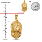 [group: 10k-gold] Gold pharaoh pendant with measurements and a quarter coin for scale on a white background