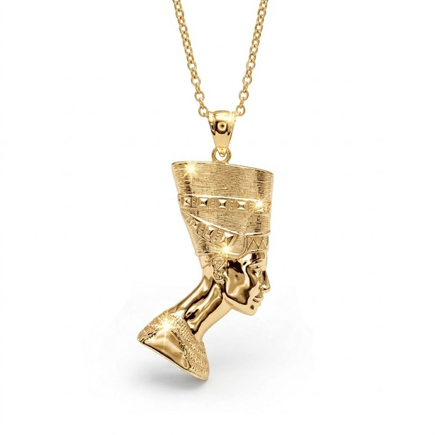 [group:gold-plated] Gold pendant of a stylized face on a white background
