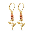A pair of gold and rose gold leverback earrings featuring a dangling rosebud and leaf design, shown on a plain white background.