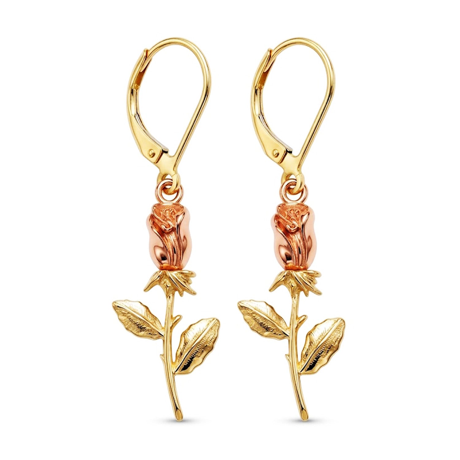 A pair of gold and rose gold leverback earrings featuring a dangling rosebud and leaf design, shown on a plain white background.