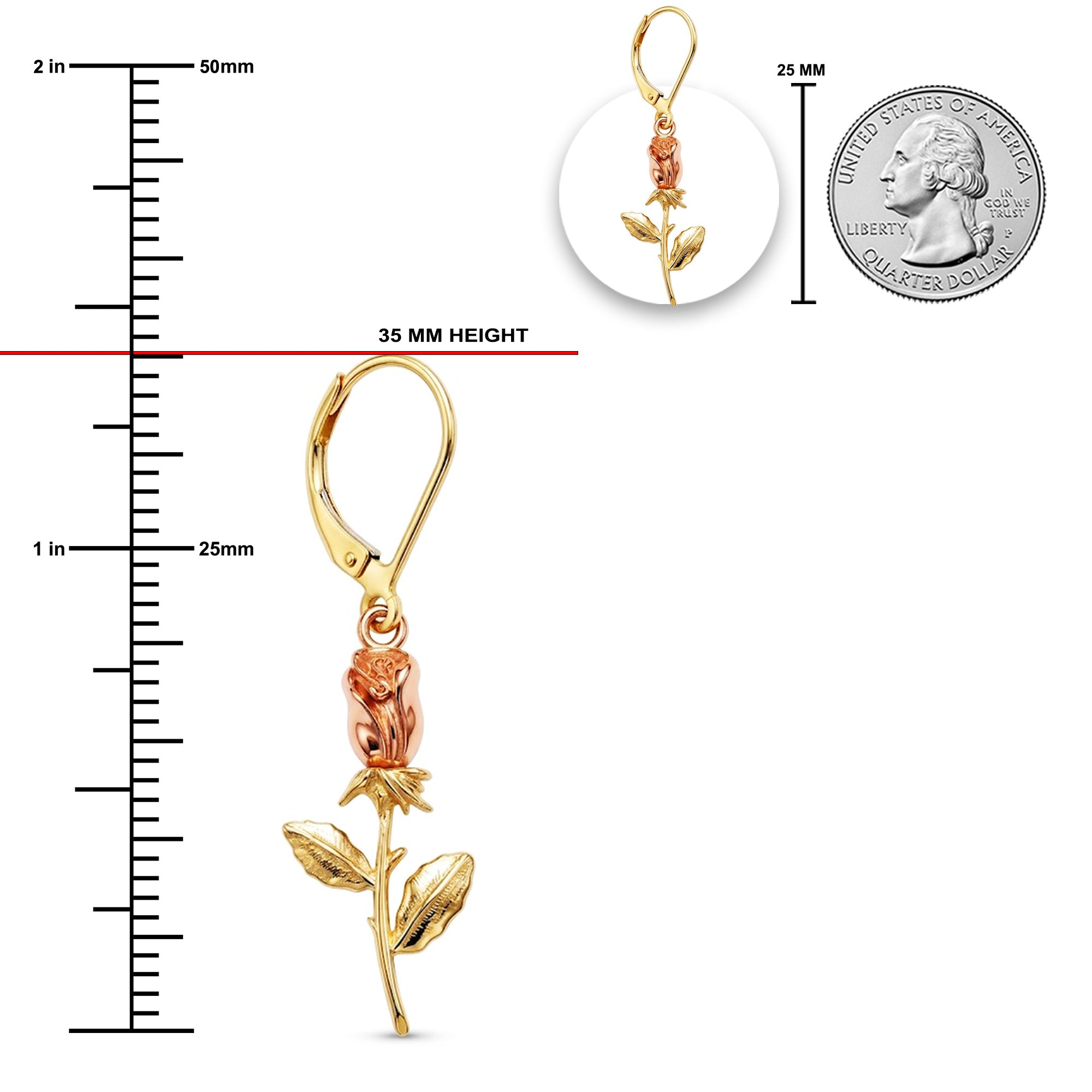 A gold and rose gold flower-shaped drop earring shown on a white background with measurement markings, a red height indicator line, a small inset of the earring in a magnified circle, and a U.S.