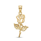 A polished yellow gold pendant shaped like a stylized rose with a flower bud, stem, and leaves, shown on a clean white background.